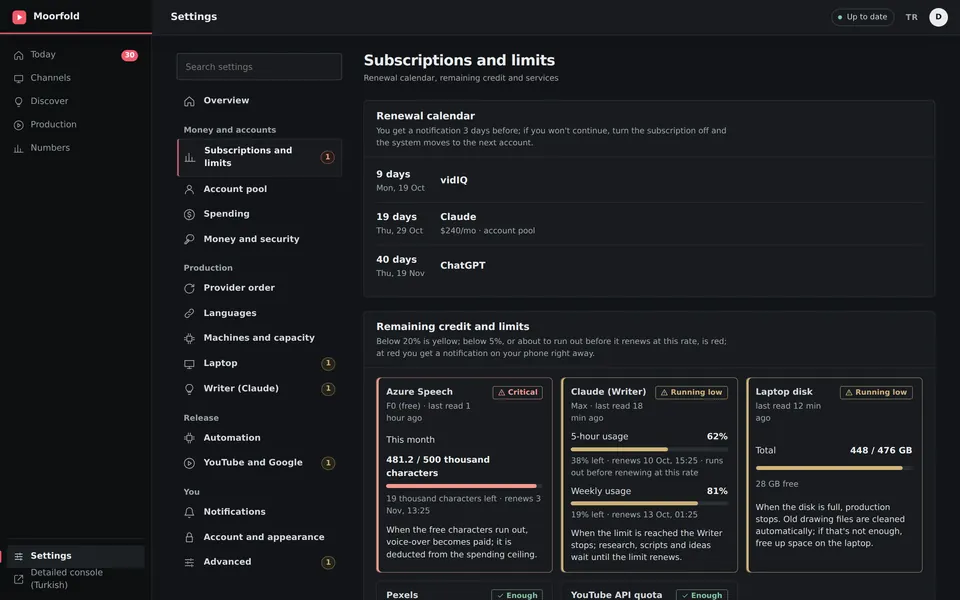 The subscriptions and limits screen: renewal dates, and what is left of each subscription with warnings.